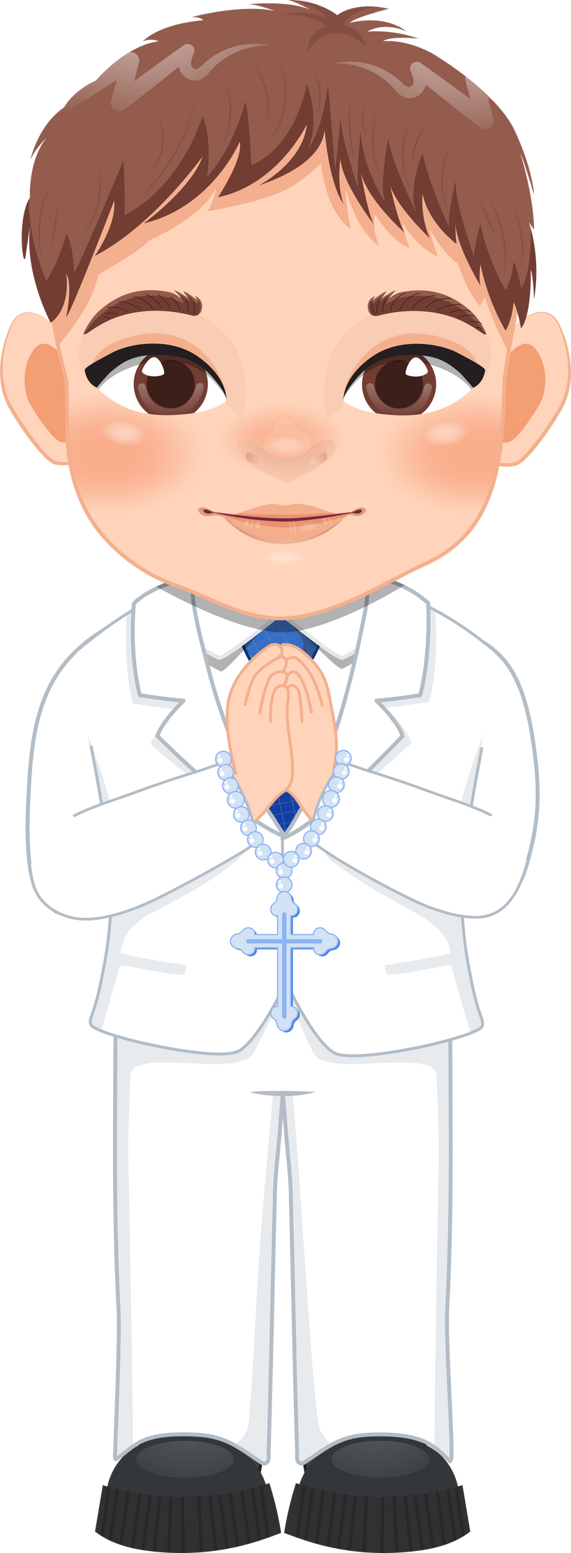 First communion boy praying has a rosary in his hand cartoon