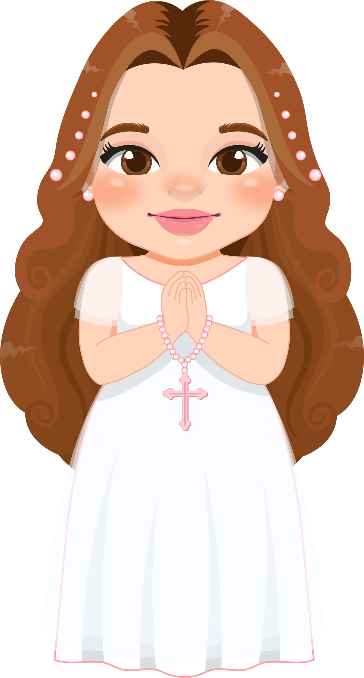 First communion girl praying has a rosary in her hand cartoon